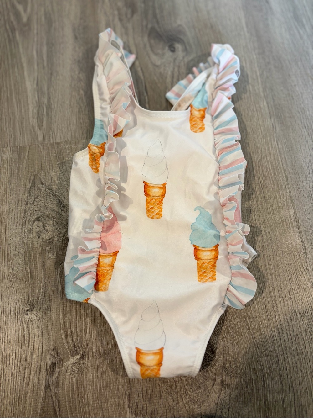Kids Ice Cream Print Ruffle One-Piece Swimsuit - White with Pastel Accents